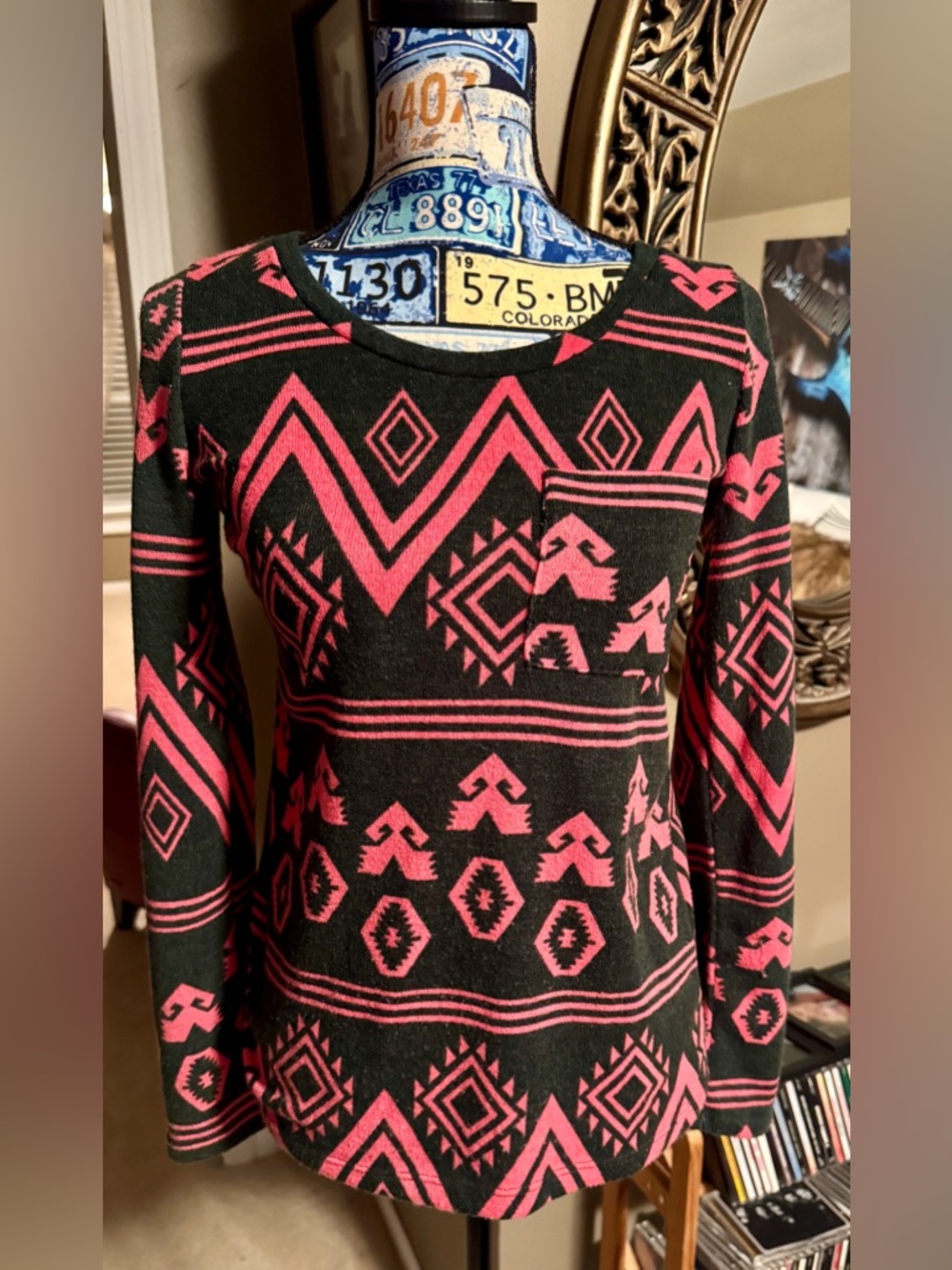 Peach Love Cream Black and Pink Aztec Print Sweater
